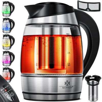 KESSER® Wasserkocher 1,8L Edelstahl mit LED Beleuchtung-Farbe je nach Temperaturwahl 60, 70, 80, 90, 100 °C | Glaswasserkocher ink. Teesieb-Einsatz und Kalk-Filter | Warmhaltefunktion