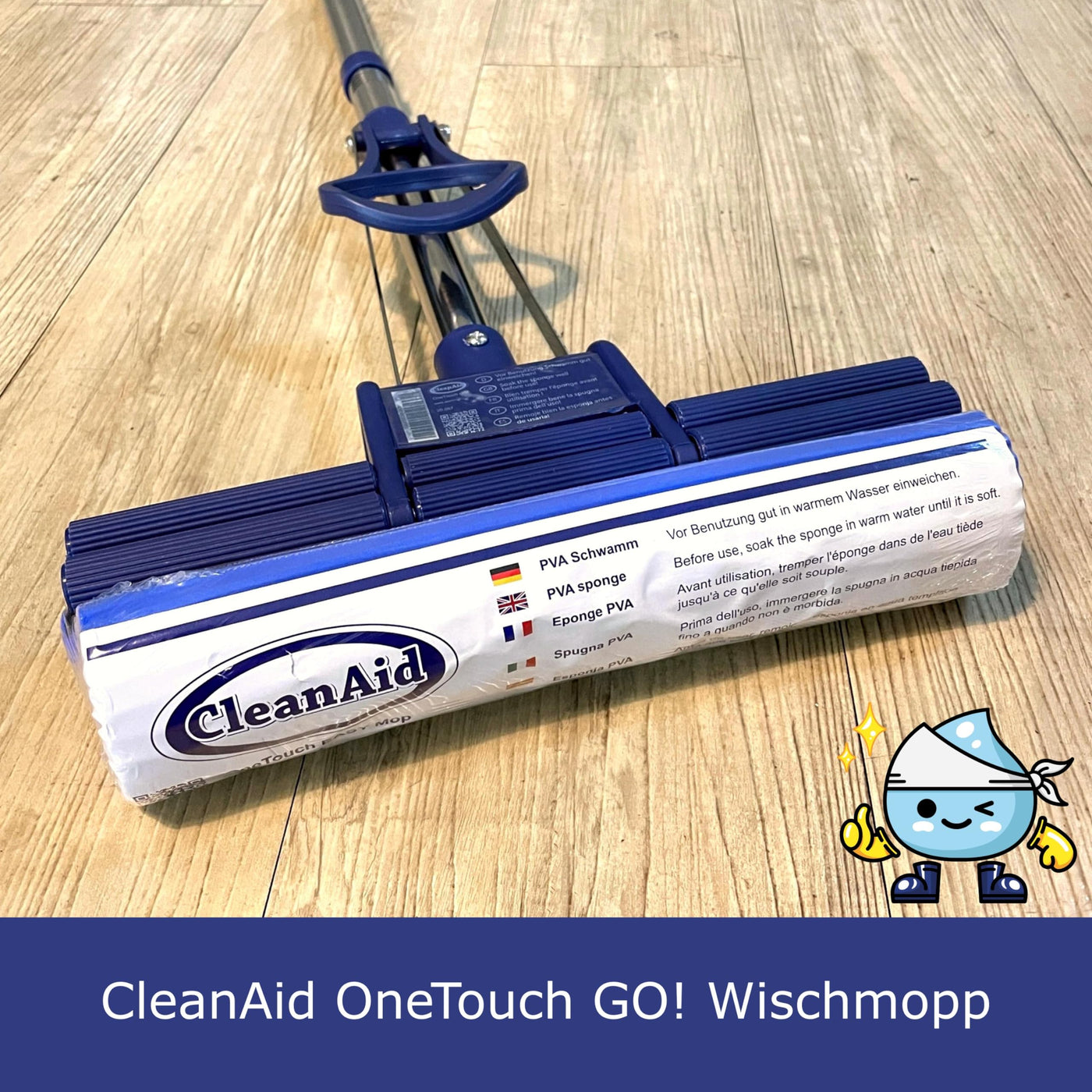CleanAid OneTouch GO! Wischmopp, Bodenwischer, Wringmopp, Wischer mit Auswringfunktion - besonders saugstark - mit PVA Schwamm und Segmentstiel aus Edelstahl