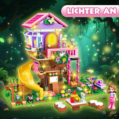 Charmofun Baumhaus Bausteine Set mit LED Licht, 685 Teile Klemmbausteine Haus, Technik Baumhaus mit Rutsche, Haus Bauspielzeug Geschenke für Kinder Mädchen Jungen ab 8 9 10 11 12+ Jahre