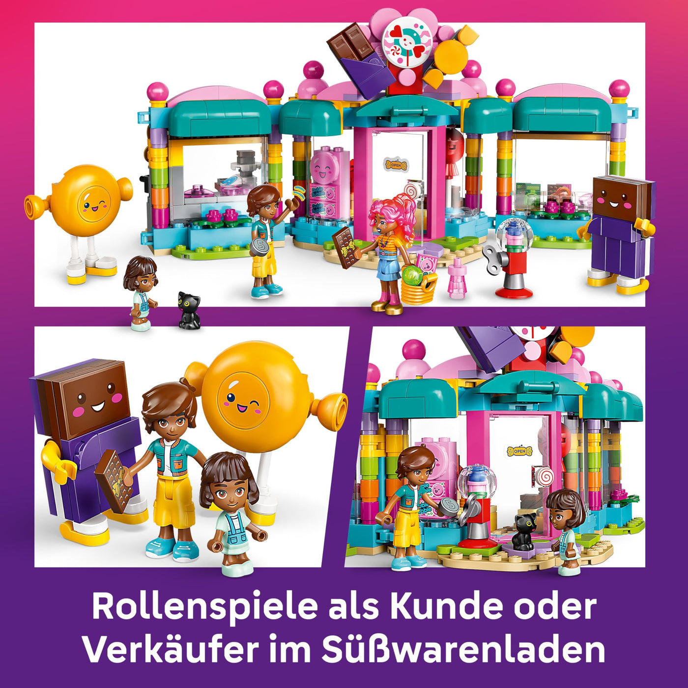 LEGO Friends Heartlake City Süßwarenladen - Kinder Spielset zum Bauen mit 3 Minifiguren, Einer Katzenfigur, Spielzeug Lebensmittel und Zubehör - Geschenk für Mädchen und Jungen ab 6 Jahren - 42649