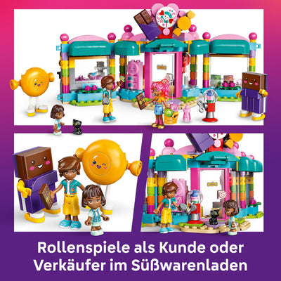 LEGO Friends Heartlake City Süßwarenladen - Kinder Spielset zum Bauen mit 3 Minifiguren, Einer Katzenfigur, Spielzeug Lebensmittel und Zubehör - Geschenk für Mädchen und Jungen ab 6 Jahren - 42649