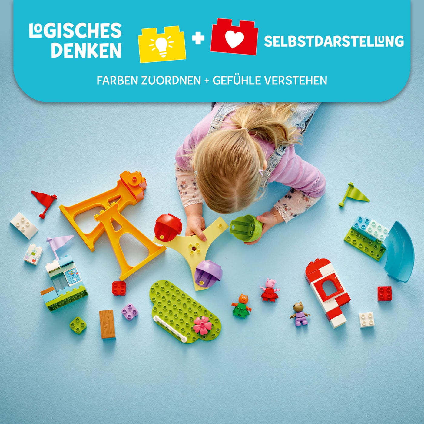 LEGO DUPLO Peppa Wutz Jahrmarkt - Montessori Spielzeug - Motorikspielzeug für Kinder ab 2 Jahren - Vorschule Spiele mit Riesenrad, Rutsche & 3 Figuren inkl. Mollie Mieze & Klausi Kläff 10453