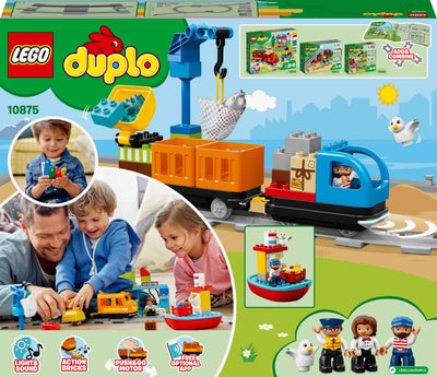 LEGO DUPLO Güterzug, „Push & Go“-Lok mit Lichtern und Geräuschen, Funktionssteinen und 2 Kranen, Spielzeug für Mädchen und Jungen ab 2 Jahren 10875