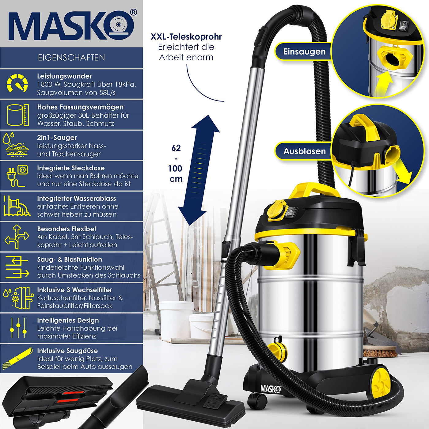 MASKO® Industriestaubsauger 1800Watt Mit Steckdose Blasfunktion | Mehrzwecksauger Trocken-Saugen & Nass-Saugen | Industrie-Sauger mit & ohne Beutel | Wasser-Staubsauger beutellos