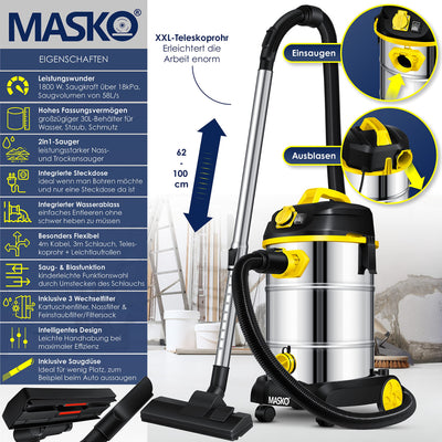 MASKO® Industriestaubsauger 1800Watt Mit Steckdose Blasfunktion | Mehrzwecksauger Trocken-Saugen & Nass-Saugen | Industrie-Sauger mit & ohne Beutel | Wasser-Staubsauger beutellos