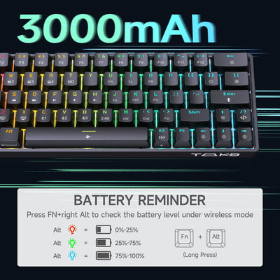 TMKB T63 Gaming Tastatur Mechanische Kabellos mit Red Switch,Bluetooth / 2.4G / Mit Kabel,RGB-Hintergrundbeleuchtung,Schwarz