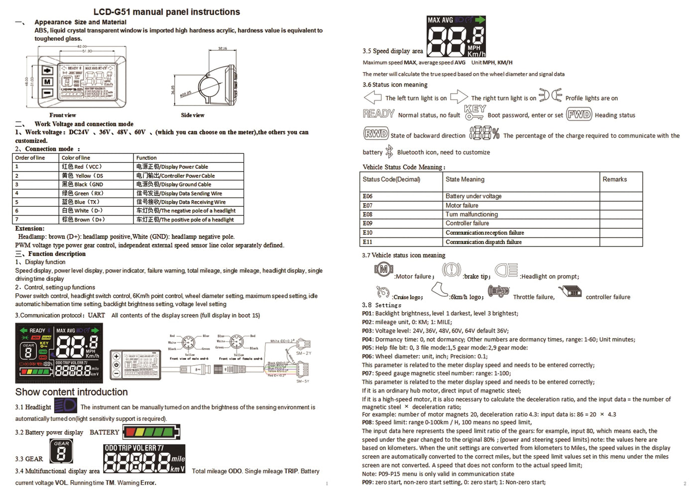 MechKit Elektrofahrrad Brushless Motor Controller Kit, 36V 48V 60V 500W 28A 3 Modus Sinuswelle Controller mit G51 LCD Anzeigefeld für E-Bike Elektroroller