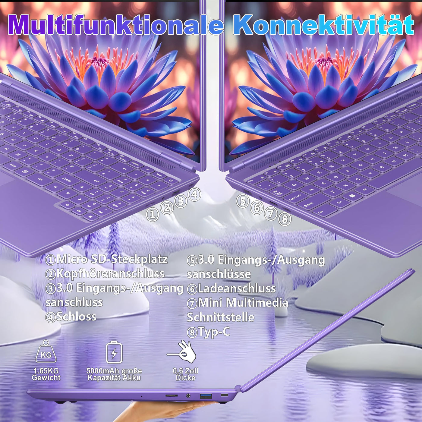 2025 Gaming Laptop 16 Zoll Win11 12+512GB SSD Unterstützung 2TB(HDD-2TB) 1920x1200 Notebook 4-Core Celeron N5095 (bis 2.9GHz) Laptop mit Nummerntastatur WiFi Mini HDMI Deutscher Tastaturschutz-Lila