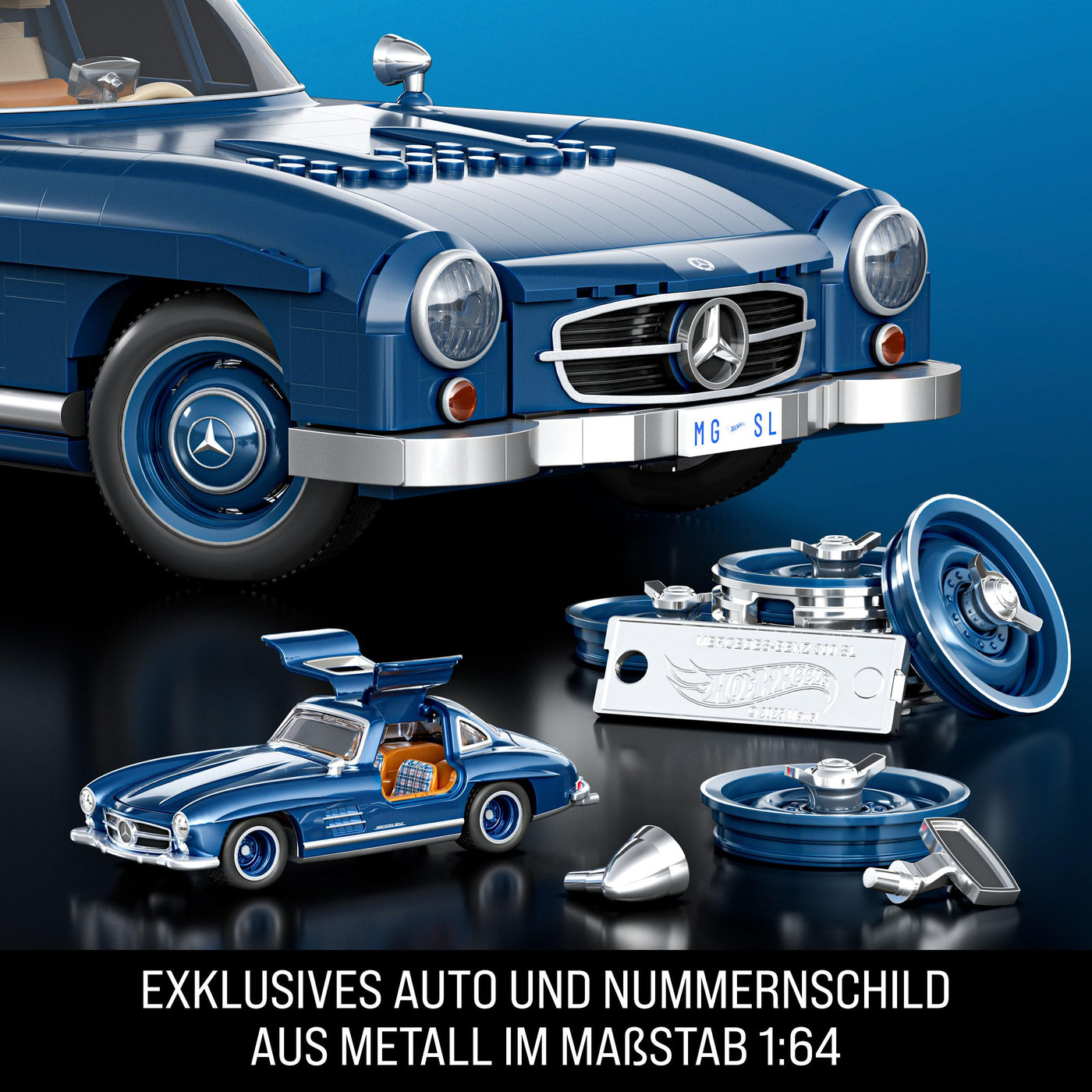 Mattel Brick Shop Hot Wheels Premium Serie Bauset, Mercedes-Benz 300 SL mit 1600 Teilen, realistischen Details und Metallteilen, für Sammler, HWW25, [Mehrfarbig]