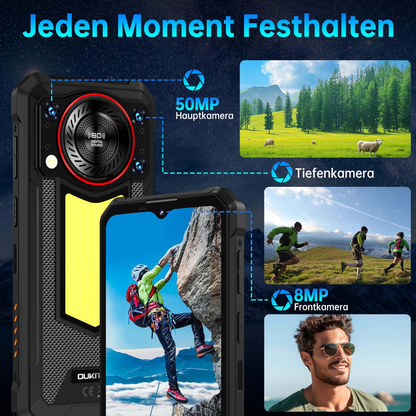 OUKITEL WP53 Pro Outdoor Handy Android 15-11000mAh Outdoor Smartphone Ohne Vertrag 24GB + 256GB, 6.52” Display 128dB Lautsprecher Baustellenhandy mit 900 Lumen Campinglampe, NFC/GPS/Face ID, Schwarz
