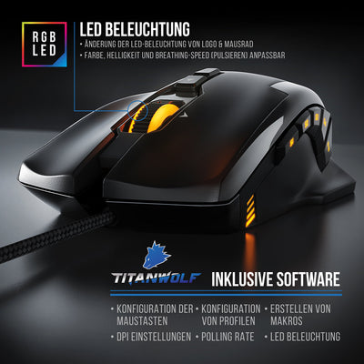 Titanwolf - Gaming Optical Mouse mit 12 programmierbare Tasten - Maus mit 10800 DPI Abtastrate - High Precision Polling-Rate bis 1000Hz - MMO Gaming Specialist Modell