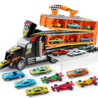 JOYIN Transporter Truck Spielzeugautos für Jungen ab 3 4 5 6-12 Leichtmetall Rennautos mit 2 Werfern, Tragbares Rennbahn Truck Spielzeugauto mit Lichtern und Sound, LKW Spielzeug Set für Kinder 3+