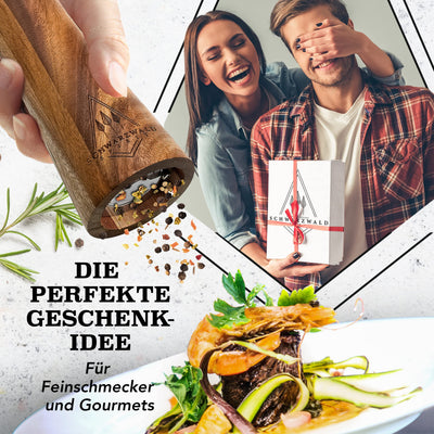 Schwarzwald Spirit Salz und Pfeffermühle Holz Klein (16,5 cm) - 2er Set mit Pfeffer und Salzmühle - Gewürzmühle mit Keramikmahlwerk inkl. Reinigungspinsel, Rezeptbuch - Küchenhelfer Geschenkidee