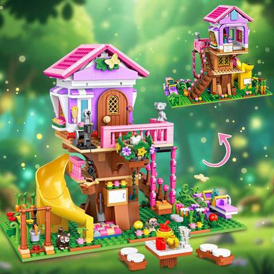 Charmofun Baumhaus Bausteine Set mit LED Licht, 685 Teile Klemmbausteine Haus, Technik Baumhaus mit Rutsche, Haus Bauspielzeug Geschenke für Kinder Mädchen Jungen ab 8 9 10 11 12+ Jahre