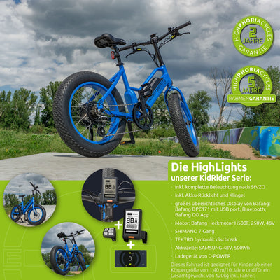 Highphoria Elektrofahrrad Kinder 20 Zoll, Fat Tire E-Bike für Kids, 25 km/h 100km E-Mountainbike Elektro Fahrrad mit 48V 250W Motor, 7-Gänge Pedelec (Blau/Blau)
