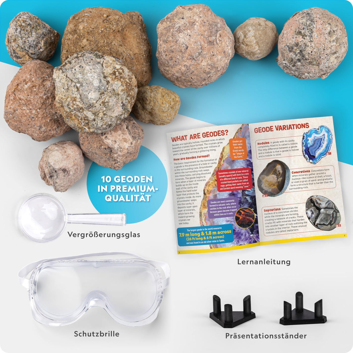 Blue Marble NATIONAL Geographic 10 Premium-Geoden zum Aufbrechen – Inkl. Schutzbrille & Ständer – Mint-Experimentierset, Geologie-Geschenk für Kinder