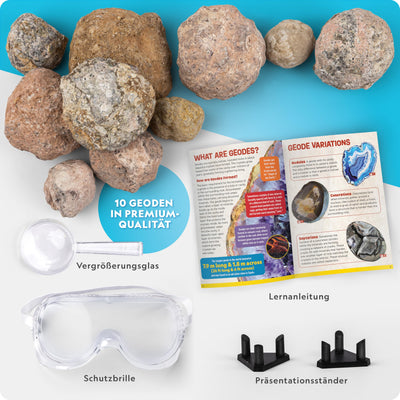 Blue Marble NATIONAL Geographic 10 Premium-Geoden zum Aufbrechen – Inkl. Schutzbrille & Ständer – Mint-Experimentierset, Geologie-Geschenk für Kinder