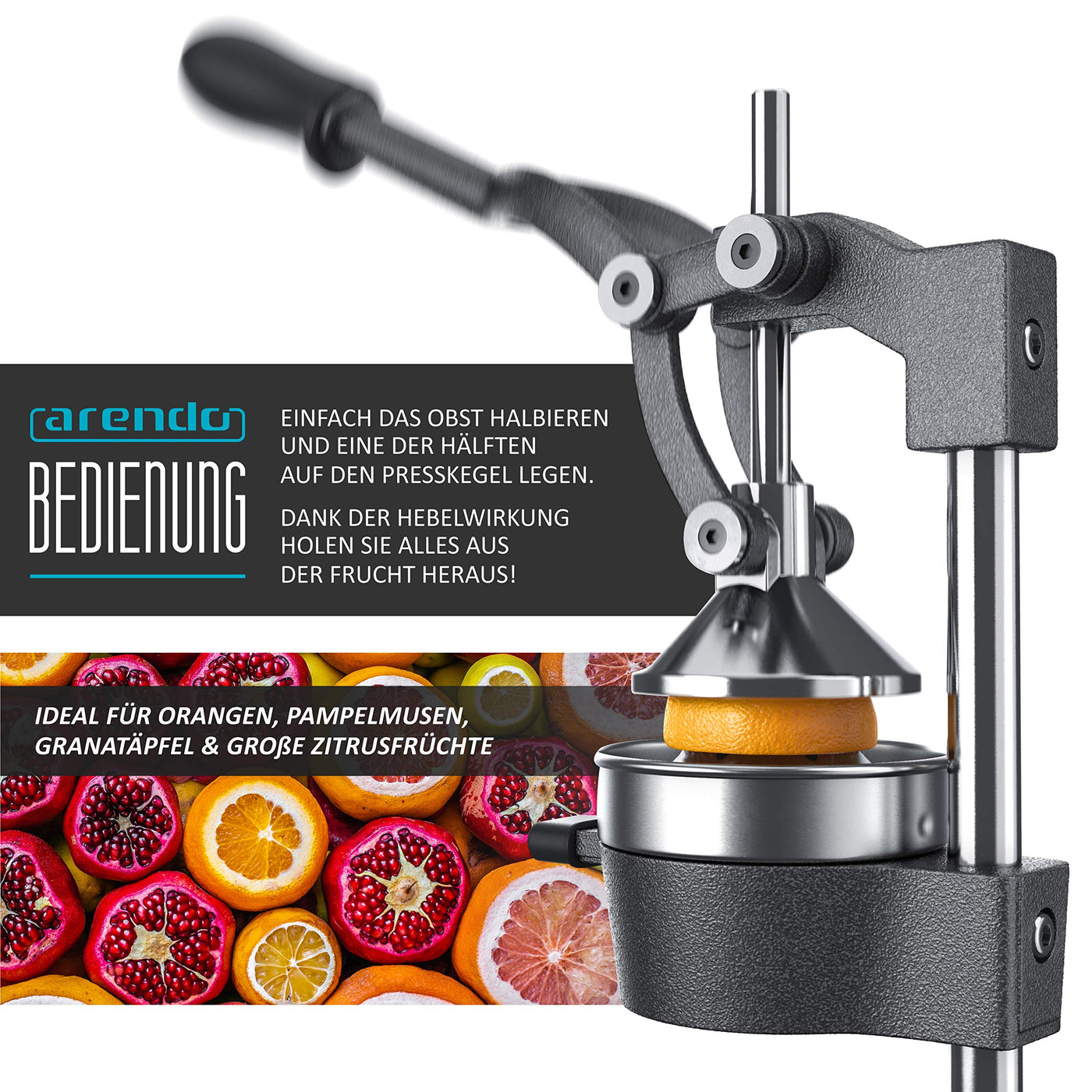 Arendo - Saftpresse - Handentsafter Edelstahl - mechanischer Entsafter – Orangenpresse Zitruspresse manuell mit Hebel – für Orangen Pampelmusen Zitrusfrüchte - massive Bauweise