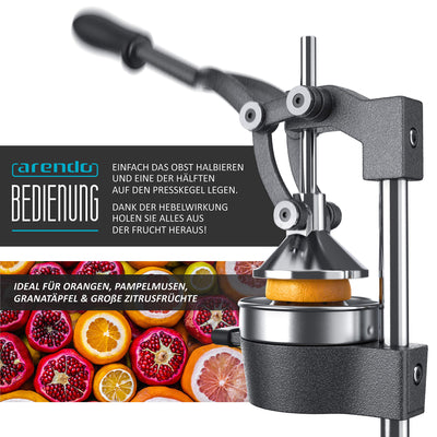 Arendo - Saftpresse - Handentsafter Edelstahl - mechanischer Entsafter – Orangenpresse Zitruspresse manuell mit Hebel – für Orangen Pampelmusen Zitrusfrüchte - massive Bauweise