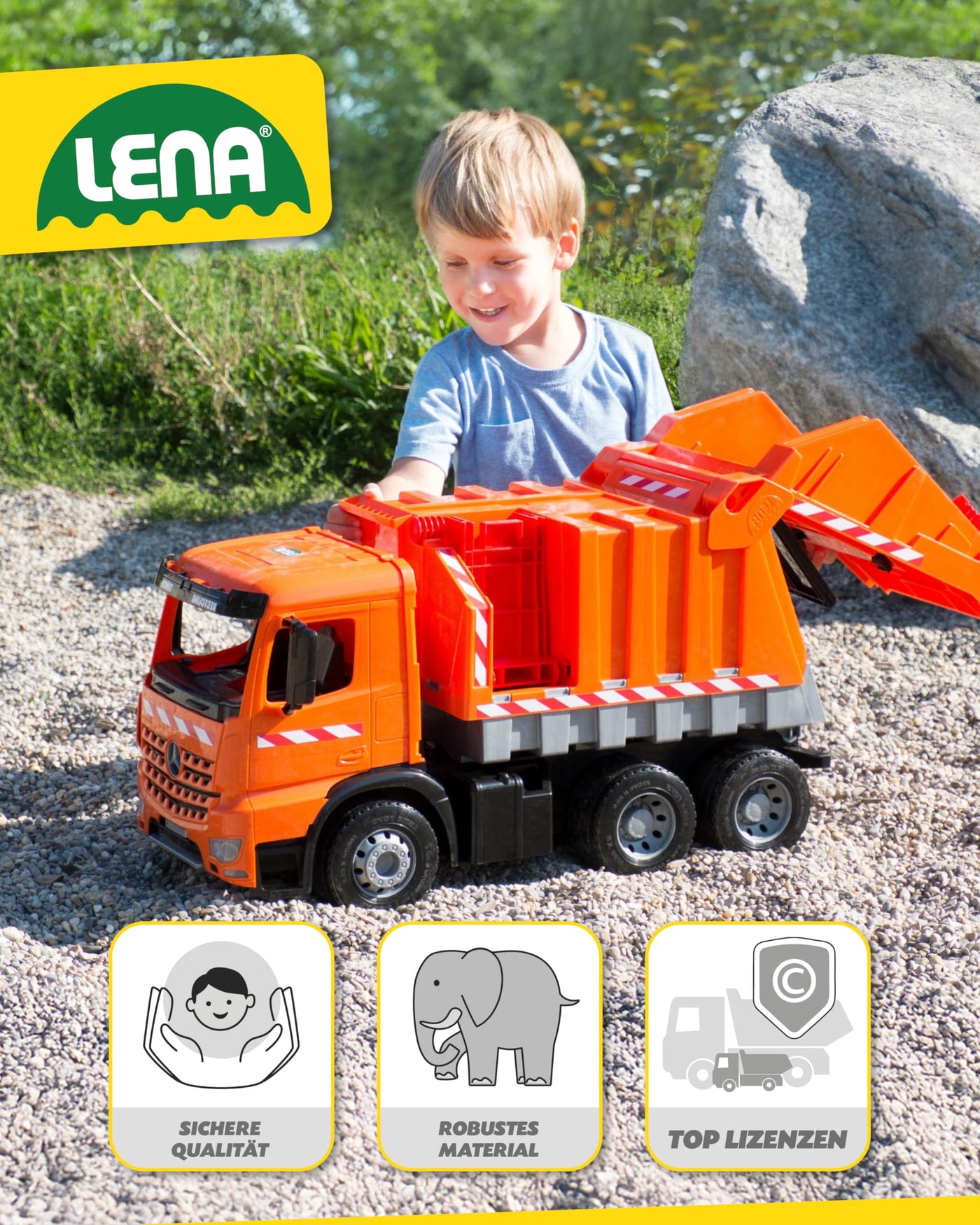Lena 02168 - Starke Riesen Müllwagen Mercedes Benz Arocs, orange, ca. 74 cm, Müllfahrzeug mit 3 Achsen, großes Spielfahrzeug für Kinder ab 3 Jahre