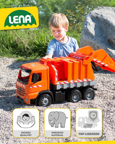 Lena 02168 - Starke Riesen Müllwagen Mercedes Benz Arocs, orange, ca. 74 cm, Müllfahrzeug mit 3 Achsen, großes Spielfahrzeug für Kinder ab 3 Jahre