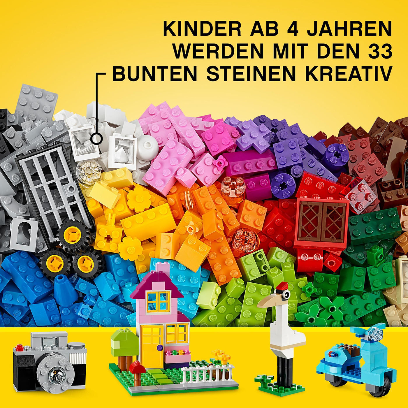 LEGO Classic Große Bausteine-Box mit kreativen Bausteinen, Kamera, Vespa und Bagger als Bauset – Geschenk zu Weihnachten für Jungen und Mädchen ab 4 Jahren – Kreatives Spielzeug zum Bauen - 10698