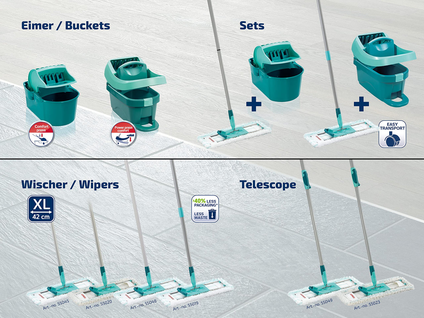 Leifheit Set Wischtuchpresse Profi Compact mit Bodenwischer und 3-teiligem Stiel, wie handgewrungen auspressbar, platzsparendes Wischset mit Mikrofaser Wischbezug für Fliesen und Laminat, Click-System