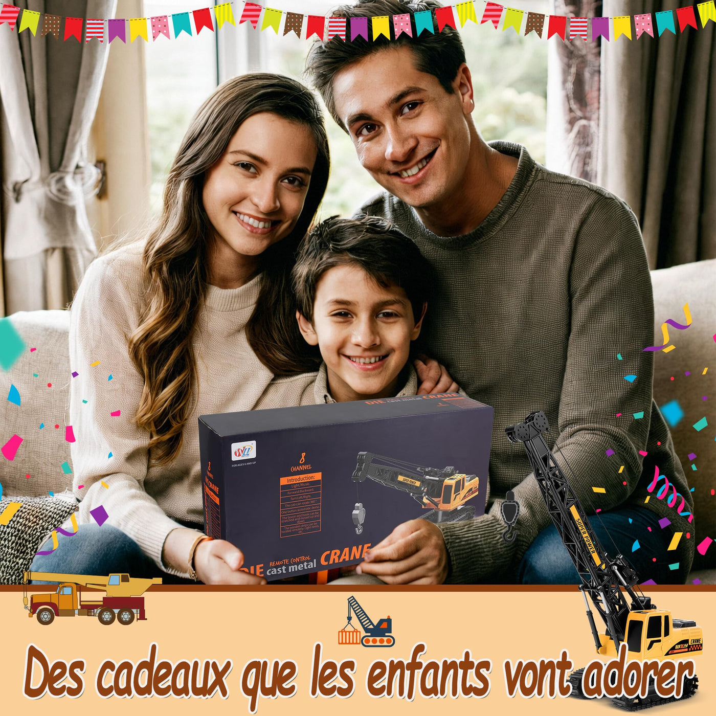 Joellfuner Kran Spielzeug, 2,4G Kran Ferngesteuert mit Lichtern und Geräuschen Realistischer, Großer RC Kranspielzeug mit 12PCS Miniaturmodelle, Geschenk für Jungen und Mädchen (Standard)