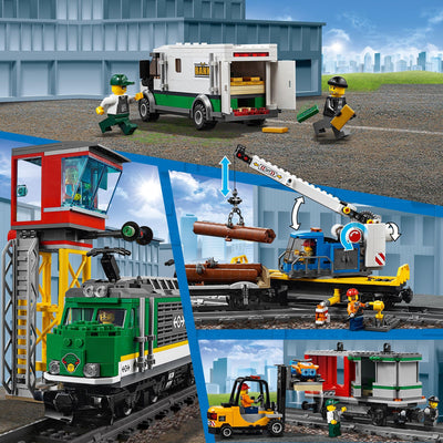 LEGO City Trains Güterzug - Zug Spielzeug, Gabelstapler, 32 Gleisstücke, Signalleuchten & 6 Minifiguren – Lokomotive Spielset für Kinder - Kreatives Geschenk für Jungen & Mädchen ab 6 Jahren - 60198