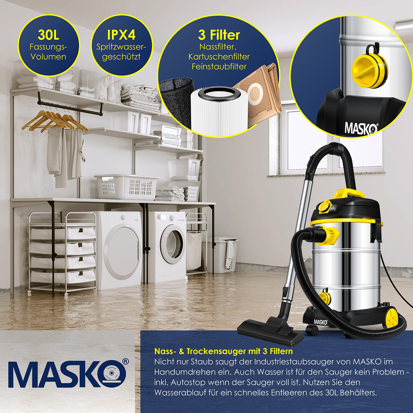 MASKO® Industriestaubsauger 1800Watt Mit Steckdose Blasfunktion | Mehrzwecksauger Trocken-Saugen & Nass-Saugen | Industrie-Sauger mit & ohne Beutel | Wasser-Staubsauger beutellos