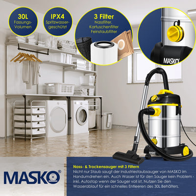 MASKO® Industriestaubsauger 1800Watt Mit Steckdose Blasfunktion | Mehrzwecksauger Trocken-Saugen & Nass-Saugen | Industrie-Sauger mit & ohne Beutel | Wasser-Staubsauger beutellos