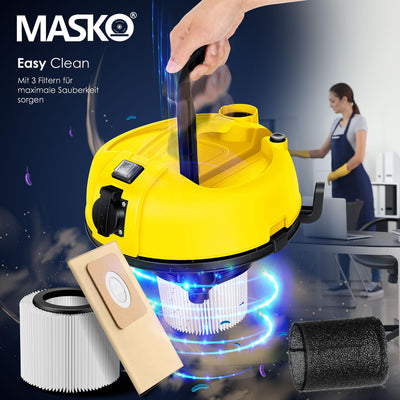 MASKO® 6IN1 Industriestaubsauger Staubsauger Nass Trocken Sauge Aschesauger 2300W + Steckdose✓ Blasfunktion ✓ Trocken-Saugen & Nass-Saugen | Industrie-Sauger mit & ohne Beutel | beutellos, Gelb