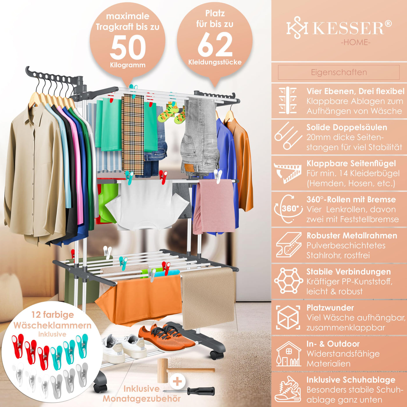 KESSER® Wäscheständer-Turm mit Rädern Platzsparender Wäschetrockner für Innen & Außen 4-Etagen 2 drehbare Seitenflügel und 6 klappbare Ebenen Standtrockner Wäscheturm Zusammenklappbar Weiß/Anthrazit