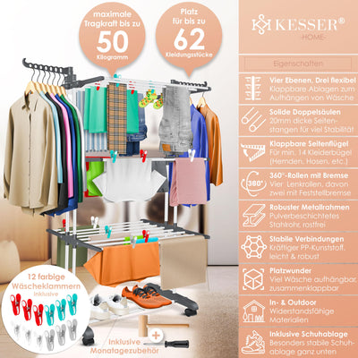 KESSER® Wäscheständer-Turm mit Rädern Platzsparender Wäschetrockner für Innen & Außen 4-Etagen 2 drehbare Seitenflügel und 6 klappbare Ebenen Standtrockner Wäscheturm Zusammenklappbar Weiß/Anthrazit
