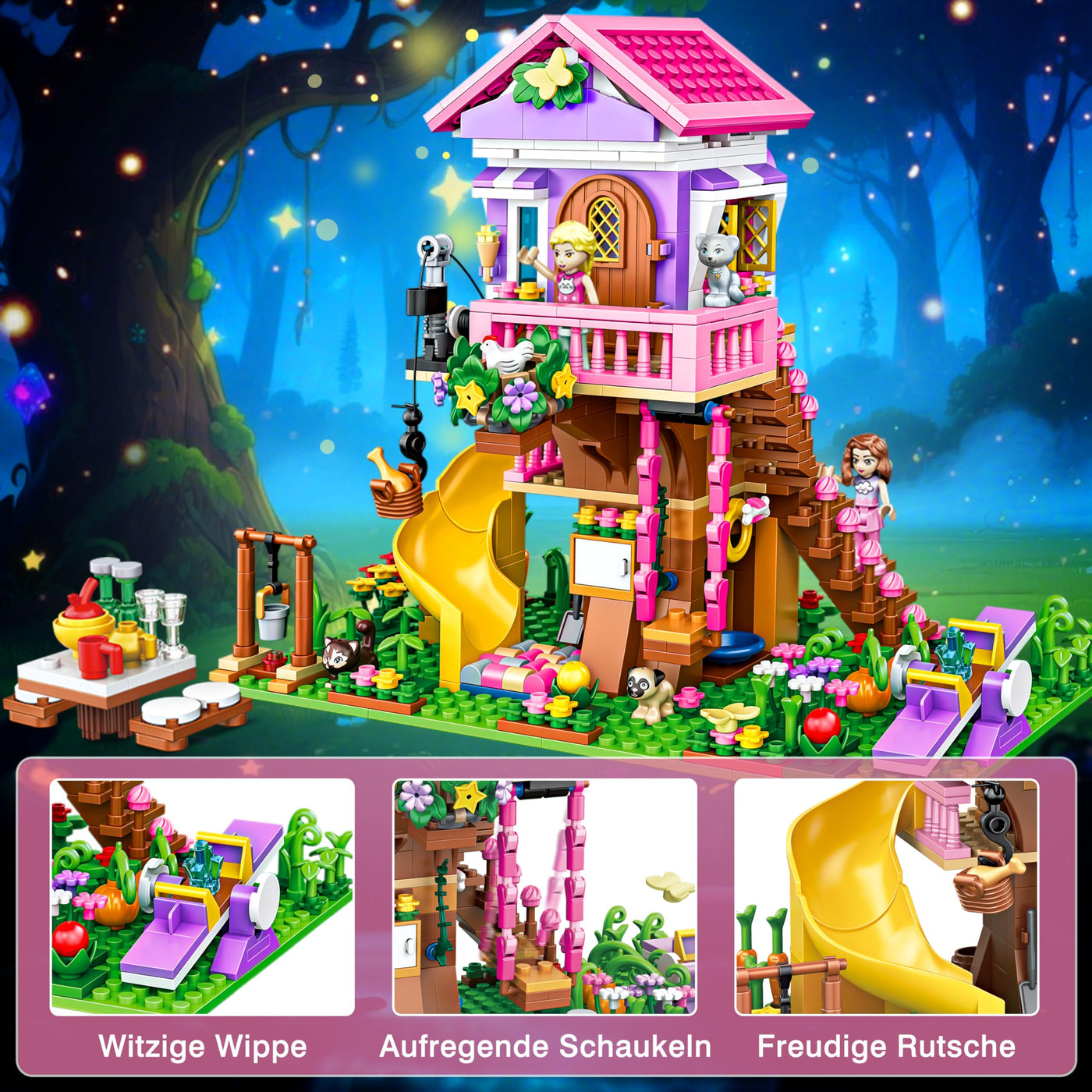 Charmofun Baumhaus Bausteine Set mit LED Licht, 685 Teile Klemmbausteine Haus, Technik Baumhaus mit Rutsche, Haus Bauspielzeug Geschenke für Kinder Mädchen Jungen ab 8 9 10 11 12+ Jahre