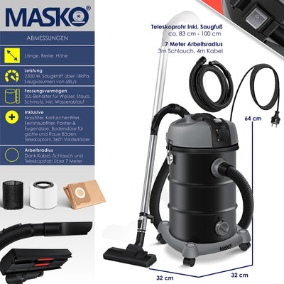 MASKO® Industriestaubsauger Staubsauger Nass Trocken Sauger Edelstahl 2300W + Steckdose | Blasfunktion | Trocken-Saugen & Nass-Saugen | Push&Clean | Industrie-Sauger mit & ohne Beutel | beutellos