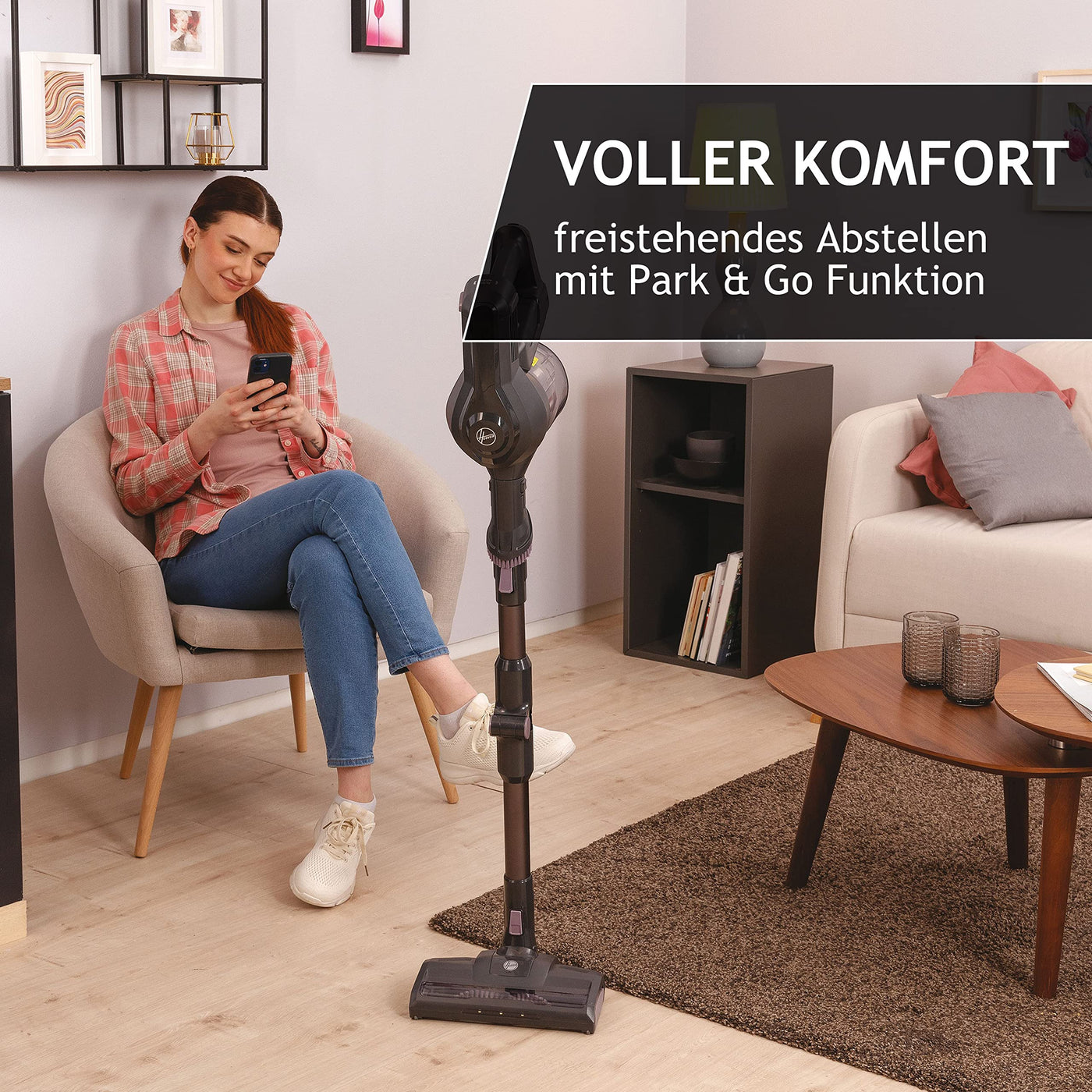Hoover Akku-Staubsauger ohne Beutel + Knick-Gelenk – bis zu 120 m² mit 1 Akkuladung I Staubsauger kabellos mit XL Staubbehälter & Parkfunktion I Akkusauger mit Fugendüse & Staubbürste [HF103X ]