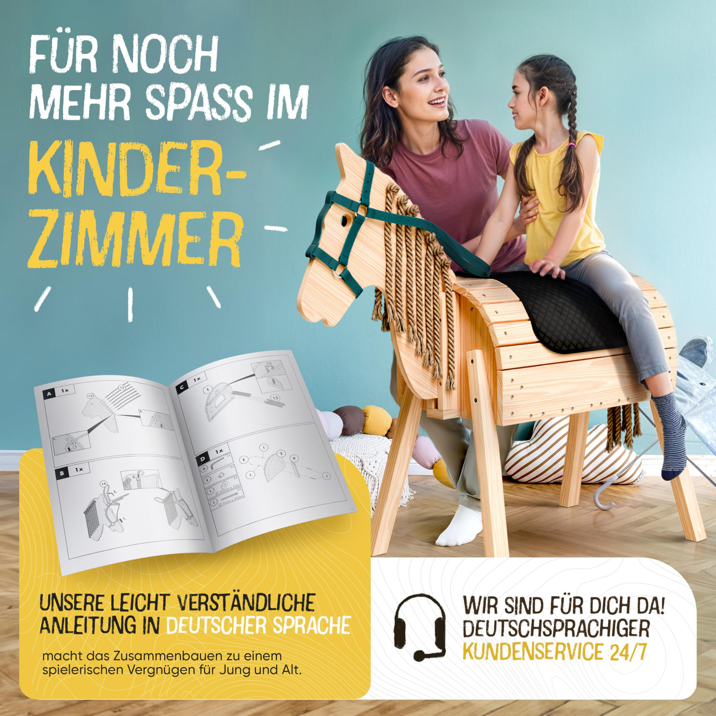 FRIEDO - Holzpferd mit Sattel (Sitzkissen) & Pferdegeschirr - Höhenverstellbares Spielpferd (101cm - 106cm) - Holzpferd für draußen im Garten geeignet - Perfekt für Kinder aus unbehandeltem Naturholz