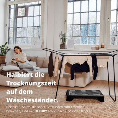 HEYDRY Wäschetrockner Wäscheständer - Made in Germany - schneller trockene Wäsche - platzsparend energiesparend klein - für jede Wäsche - Trockner Ventilator Lüfter - weiß