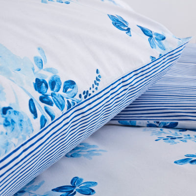 LERUUM Bettwäsche Set 140x200 Baumwolle Reversibel Streifen Blumen Blau Weiß Bettbezug (140 x 200 + 65 x 65 cm)