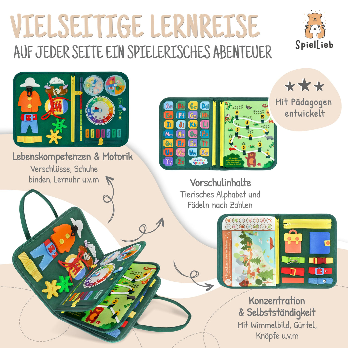 SpielLieb® Montessori Busy Board Deutsch ab 3 Jahre - interaktives Activity Board Spielzeug für Kleinkinder - Beschäftigung für Auto & Flugzeug Entwicklung & Motorik