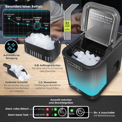 KESSER® Eiswürfelbereiter | Eiswürfelmaschine Edelstahl | Ice Maker | 12 kg 24 h | Zubereitung in 7 min | 2,2 Liter Wassertank | 2 Eiswürfel-Größen | LED-Display | Selbstreinigungsfunktion | Schwarz