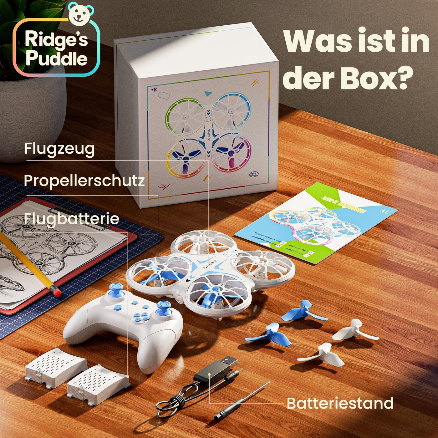 Ridge's Puddle Mini Drohne für Kinder - Geschenke Junge RC Flugzeug Drone Kinder mit LED Lichter Spielzeug ab 6 7 8 9 10 Jahre Jungen Mädchen 2 Batterien