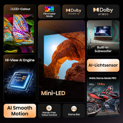 Hisense 55U7Q Fernseher 55 Zoll, 4K Mini LED ULED, Smart TV, Hi-View AI Engine, 144Hz Game Mode Pro, FreeSync Premium, Built in Subwoofer, Dolby Vision IQ Atmos, Airplay, Sprachsteuerung[2025]