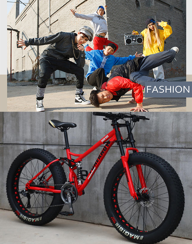 Wind Greeting 26 Zoll Mountainbike,21 Gang-Schaltung Erwachsene Fette Reifen Fahrrad,Rahmen aus Kohlenstoffstahl,Vollfederung Scheibenbremsen Hardtail Bike (Rot)