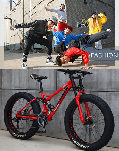 Wind Greeting 26 Zoll Mountainbike,21 Gang-Schaltung Erwachsene Fette Reifen Fahrrad,Rahmen aus Kohlenstoffstahl,Vollfederung Scheibenbremsen Hardtail Bike (Rot)