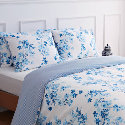 LERUUM Bettwäsche Set 140x200 Baumwolle Reversibel Streifen Blumen Blau Weiß Bettbezug (140 x 200 + 65 x 65 cm)