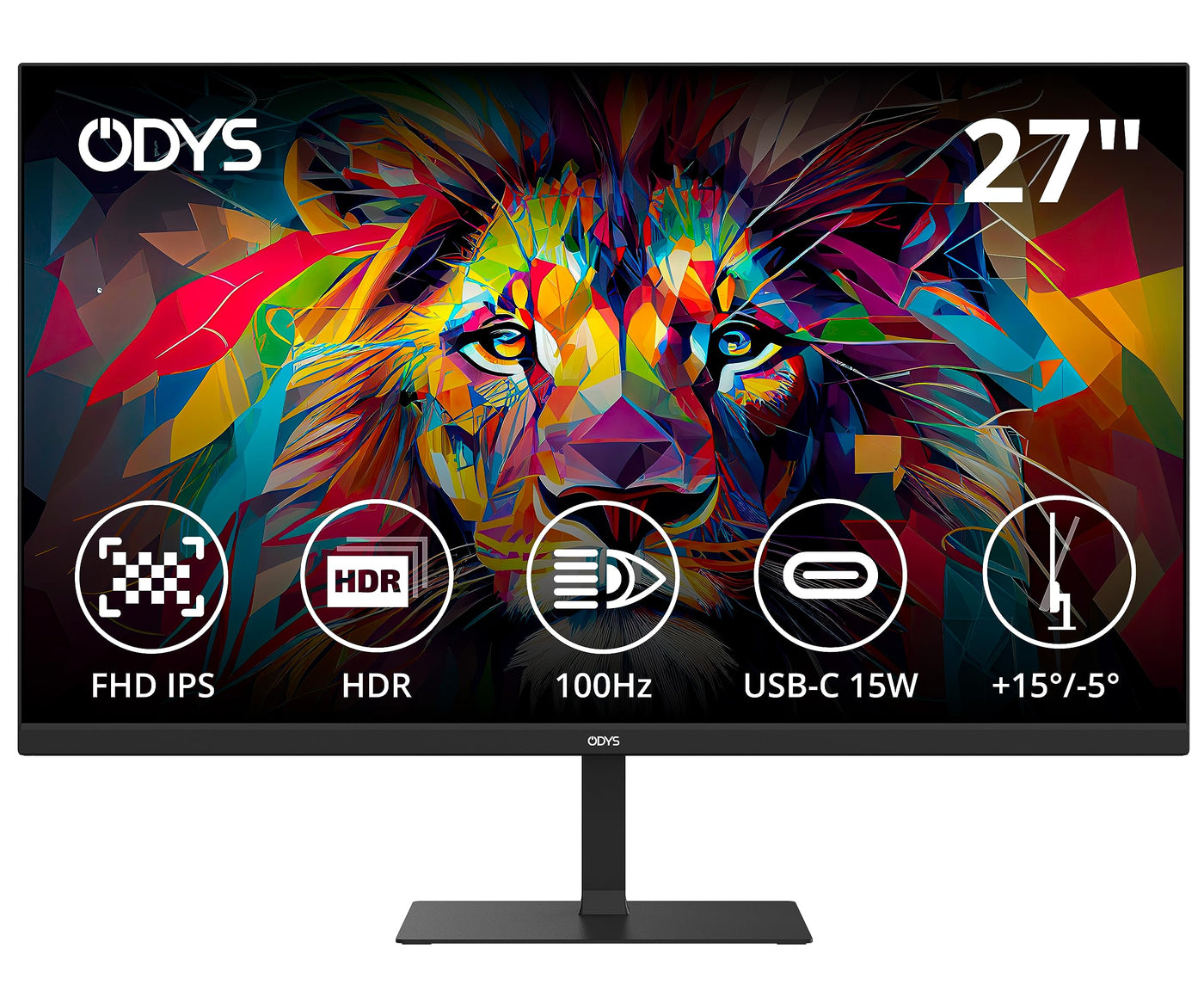 ODYS i27 Monitor - 27-Zoll-Bildschirm im rahmenlosen Design, Full HD, 100 Hz, mit HDR, IPS Panel, FreeSync, HDMI, USB-C, 3,5mm Audio
