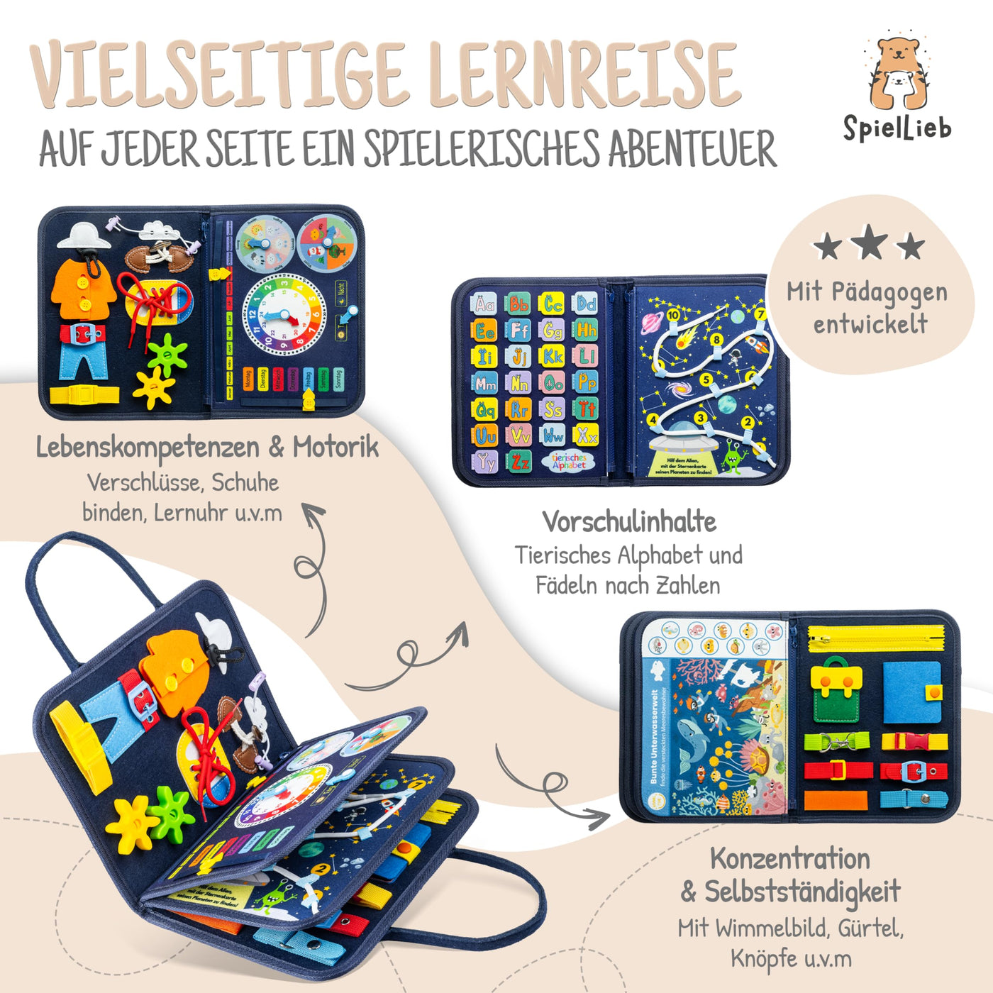 SpielLieb® Montessori Busy Board Deutsch ab 3 Jahre - interaktives Activity Board Spielzeug für Kleinkinder - Beschäftigung für Auto & Flugzeug Entwicklung & Motorik