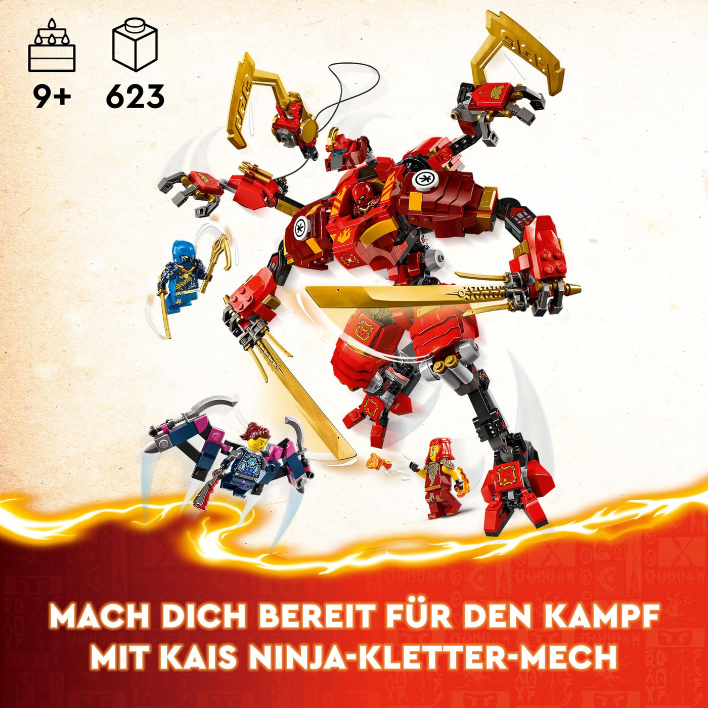 LEGO NINJAGO Kais Ninja-Kletter-Mech Set, Ninja-Spielzeug mit baubarer Actionfigur und 4 Mini-Figuren, Abenteuer-Set für Kinder, Geschenk zum Geburtstag für 9-jährige Jungs und Mädchen 71812